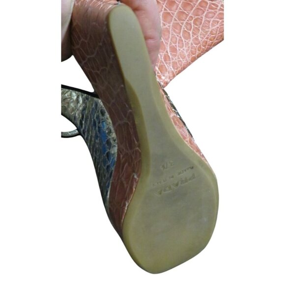 Prada Italian Snakeskin & Croc Embossed Leather Wedges Pink & Gold 37.5 US 7.5 - Picture 10 of 11